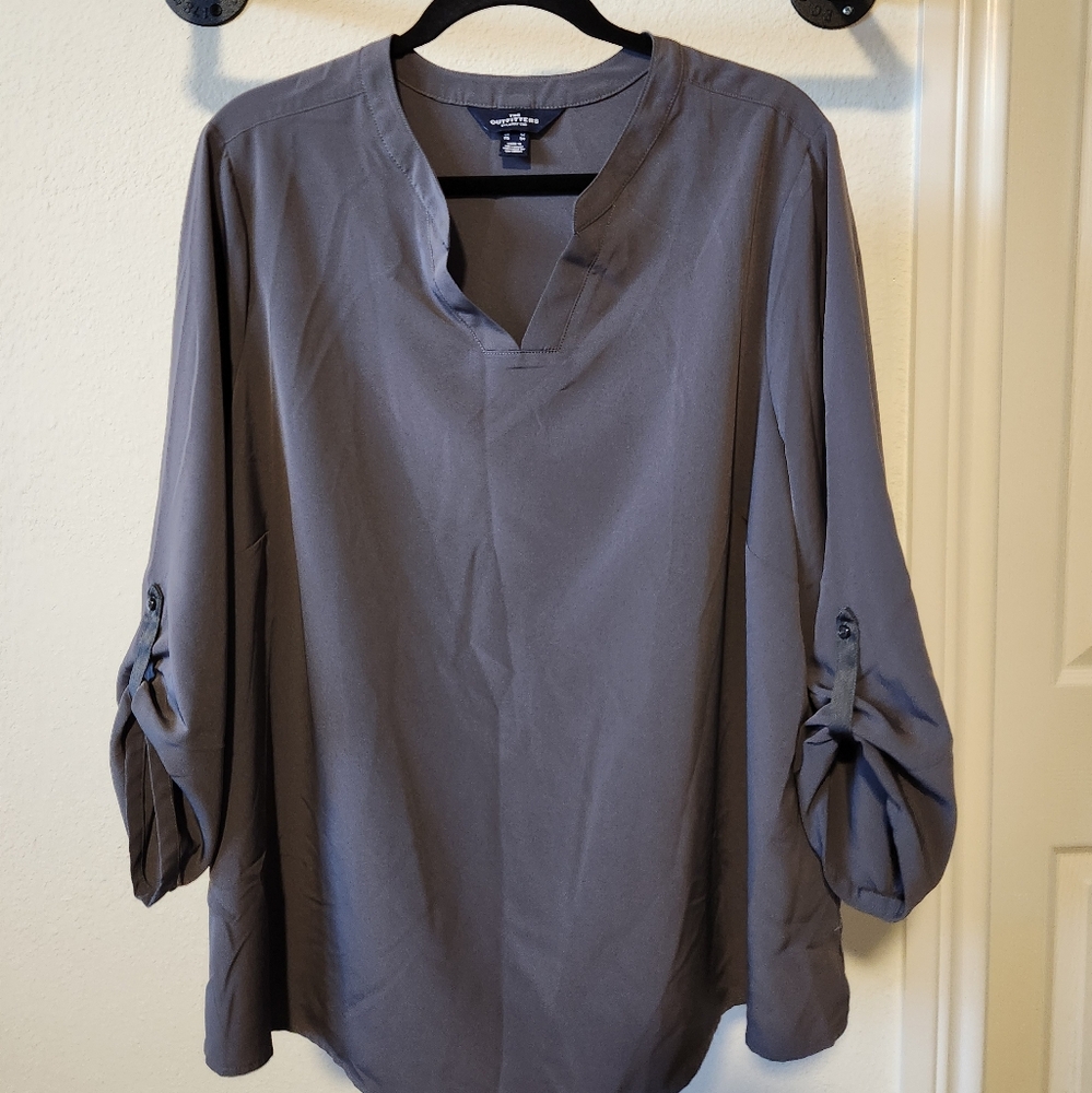 Lands' End Outfitters Charcoal Blouse with Roll-Up Sleeves